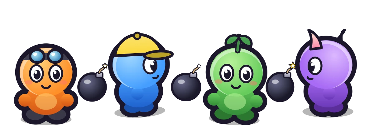 Герои Bombix: Искра, Капля, Шишка и Буря с бомбами